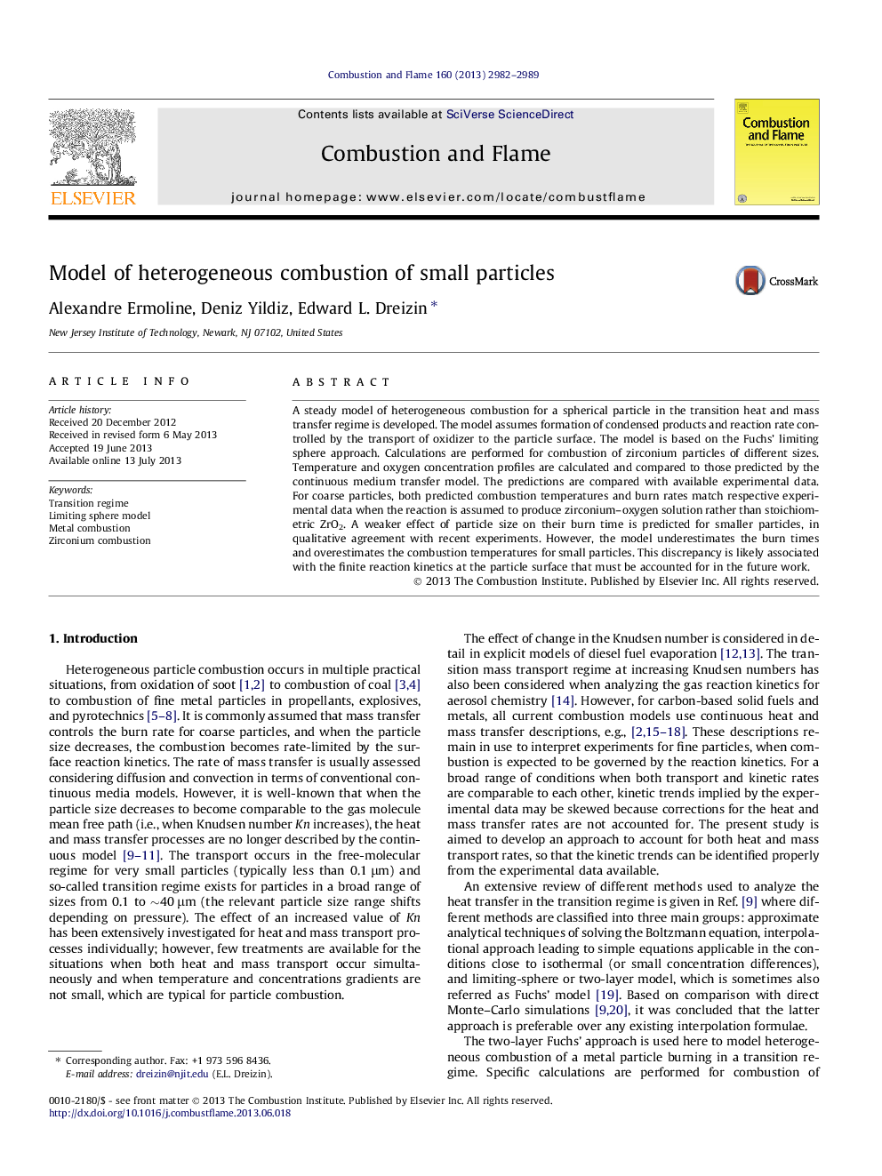 Model of heterogeneous combustion of small particles