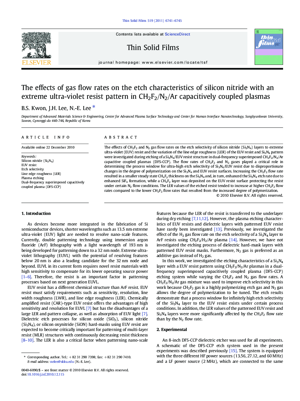 The effects of gas flow rates on the etch characteristics of silicon nitride with an extreme ultra-violet resist pattern in CH2F2/N2/Ar capacitively coupled plasmas