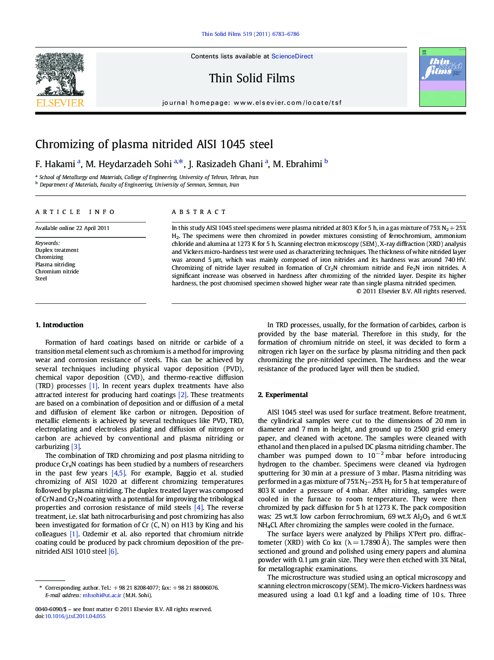 Chromizing of plasma nitrided AISI 1045 steel