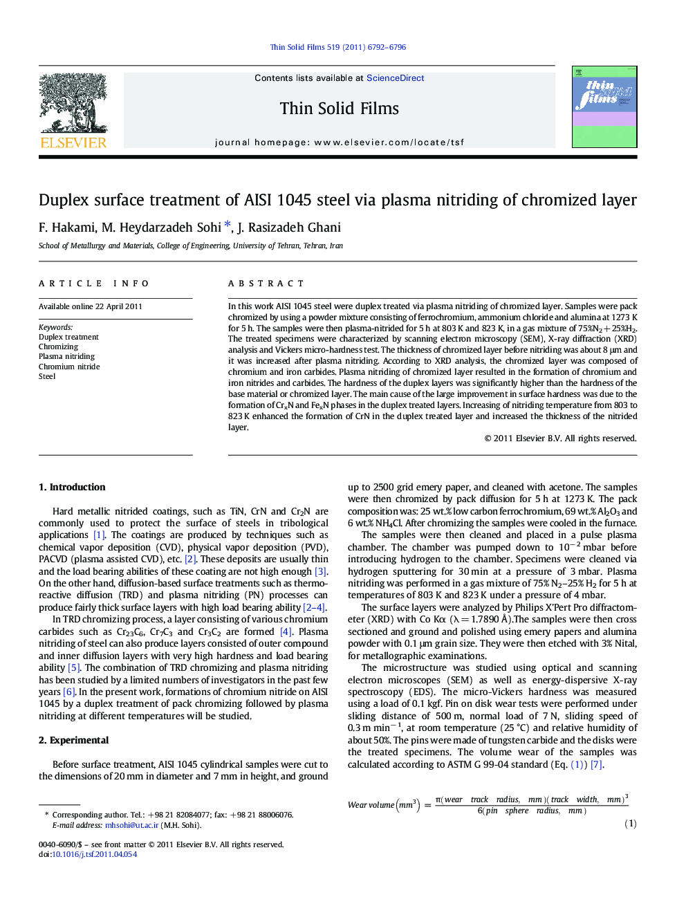 Duplex surface treatment of AISI 1045 steel via plasma nitriding of chromized layer