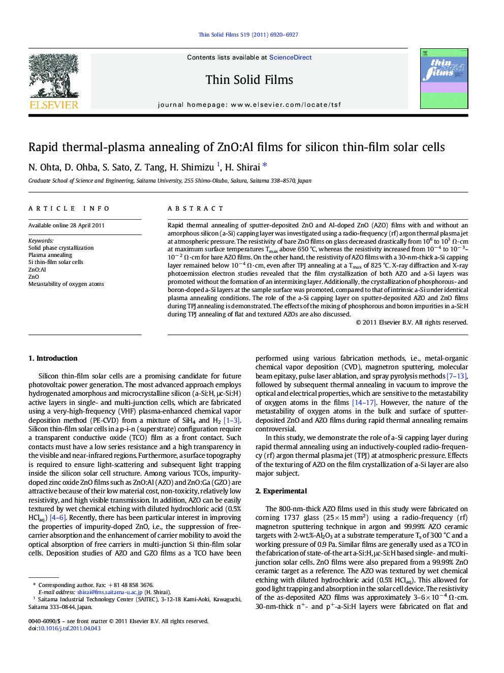 Rapid thermal-plasma annealing of ZnO:Al films for silicon thin-film solar cells