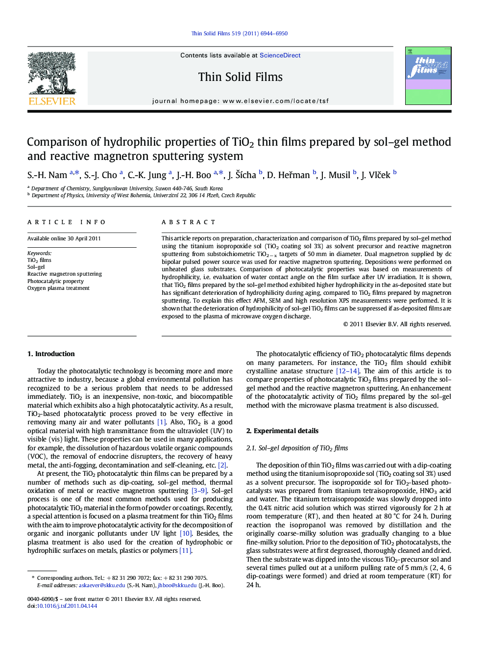 Comparison of hydrophilic properties of TiO2 thin films prepared by sol–gel method and reactive magnetron sputtering system