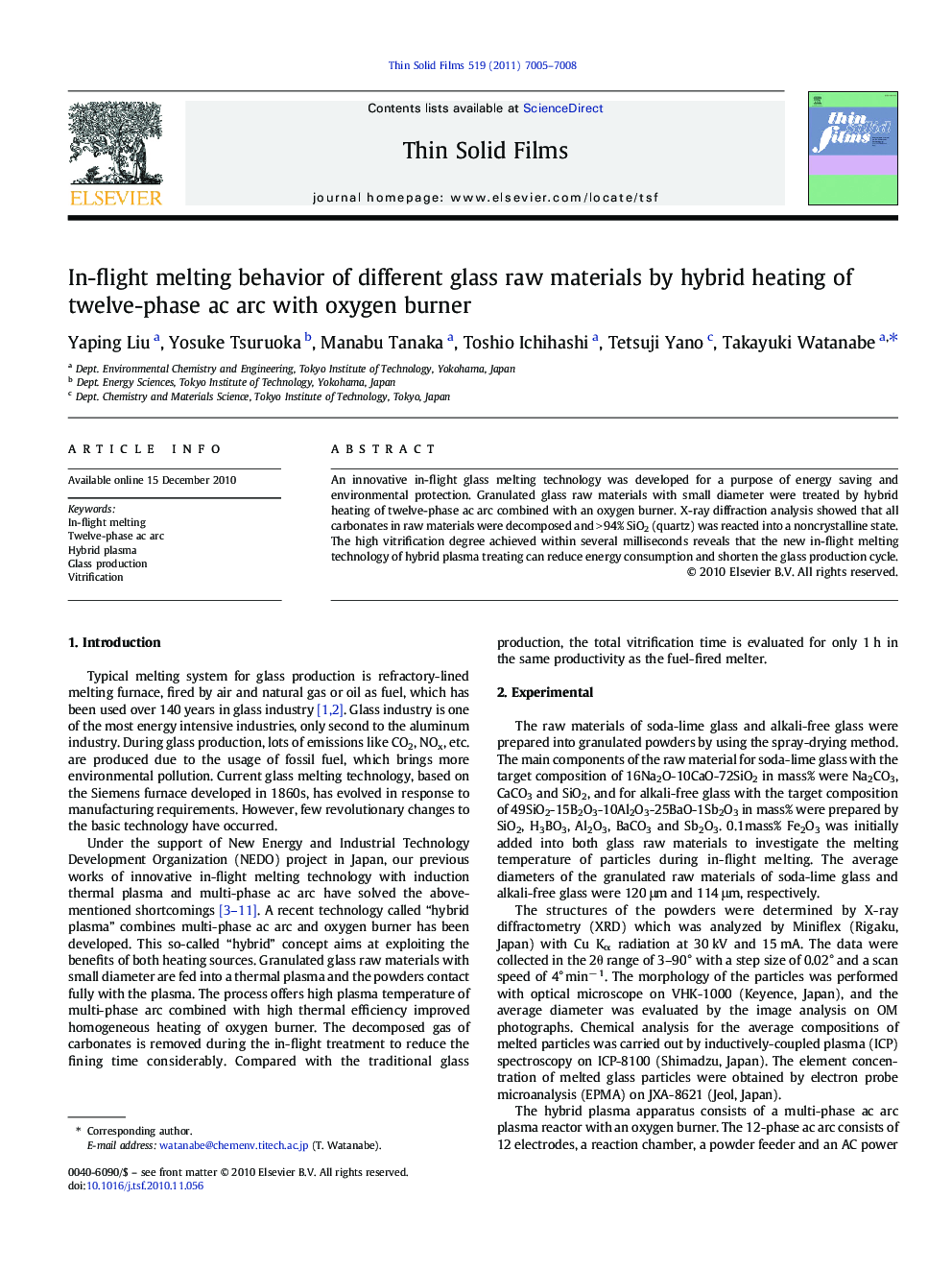 In-flight melting behavior of different glass raw materials by hybrid heating of twelve-phase ac arc with oxygen burner