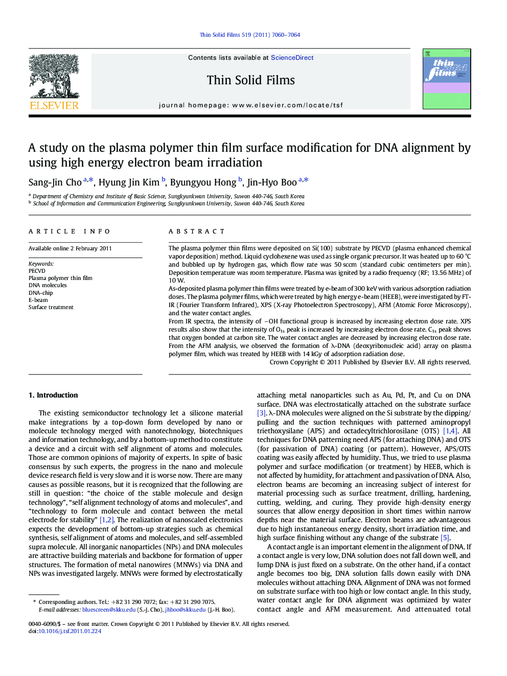 A study on the plasma polymer thin film surface modification for DNA alignment by using high energy electron beam irradiation