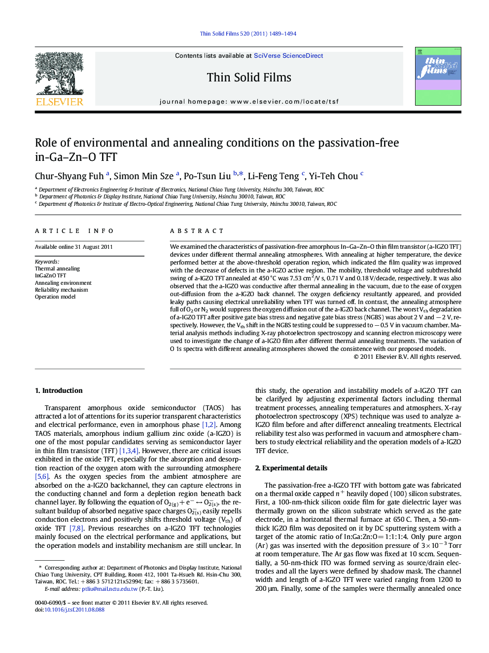 Role of environmental and annealing conditions on the passivation-free in-Ga–Zn–O TFT