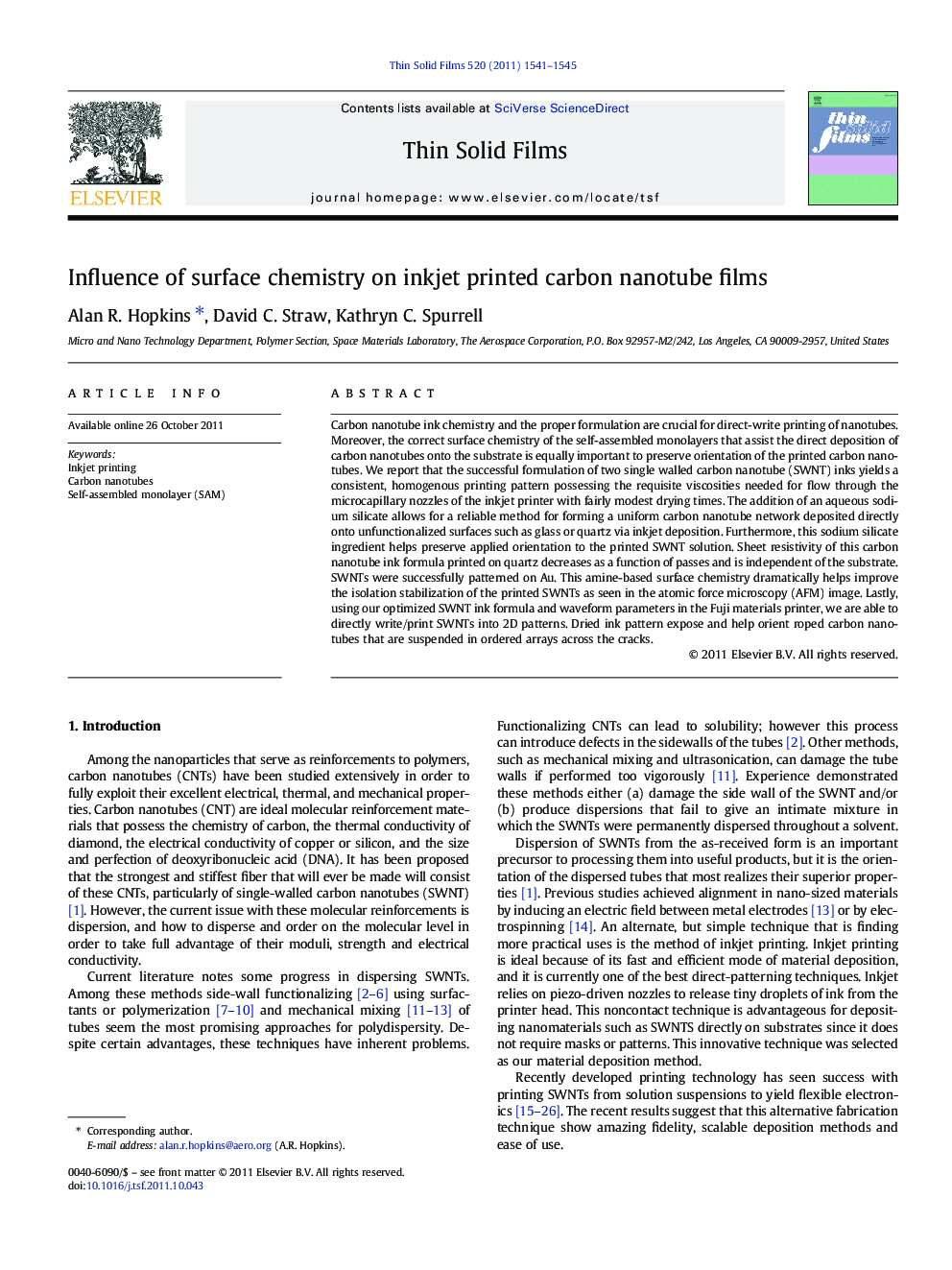 Influence of surface chemistry on inkjet printed carbon nanotube films