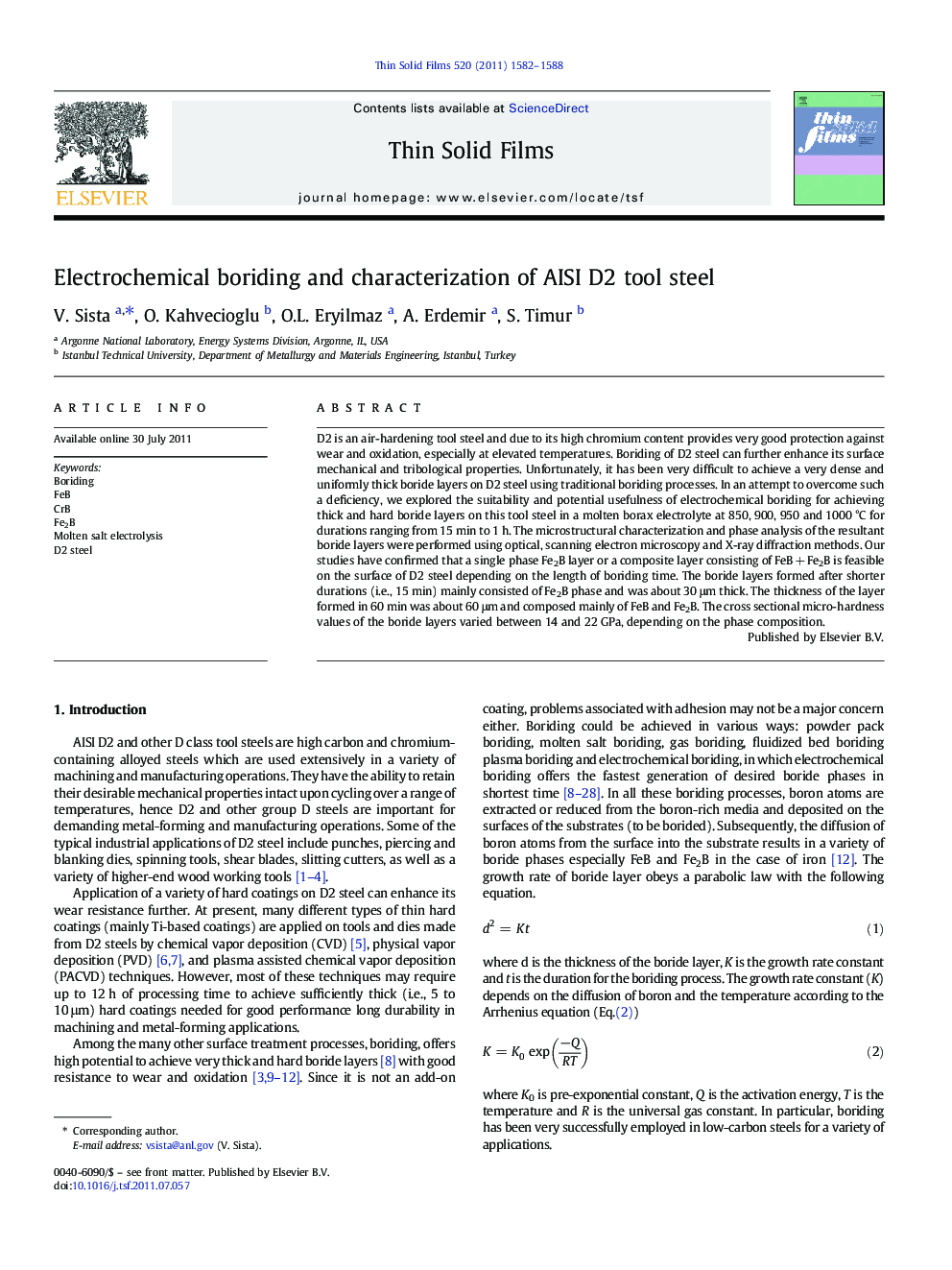 Electrochemical boriding and characterization of AISI D2 tool steel