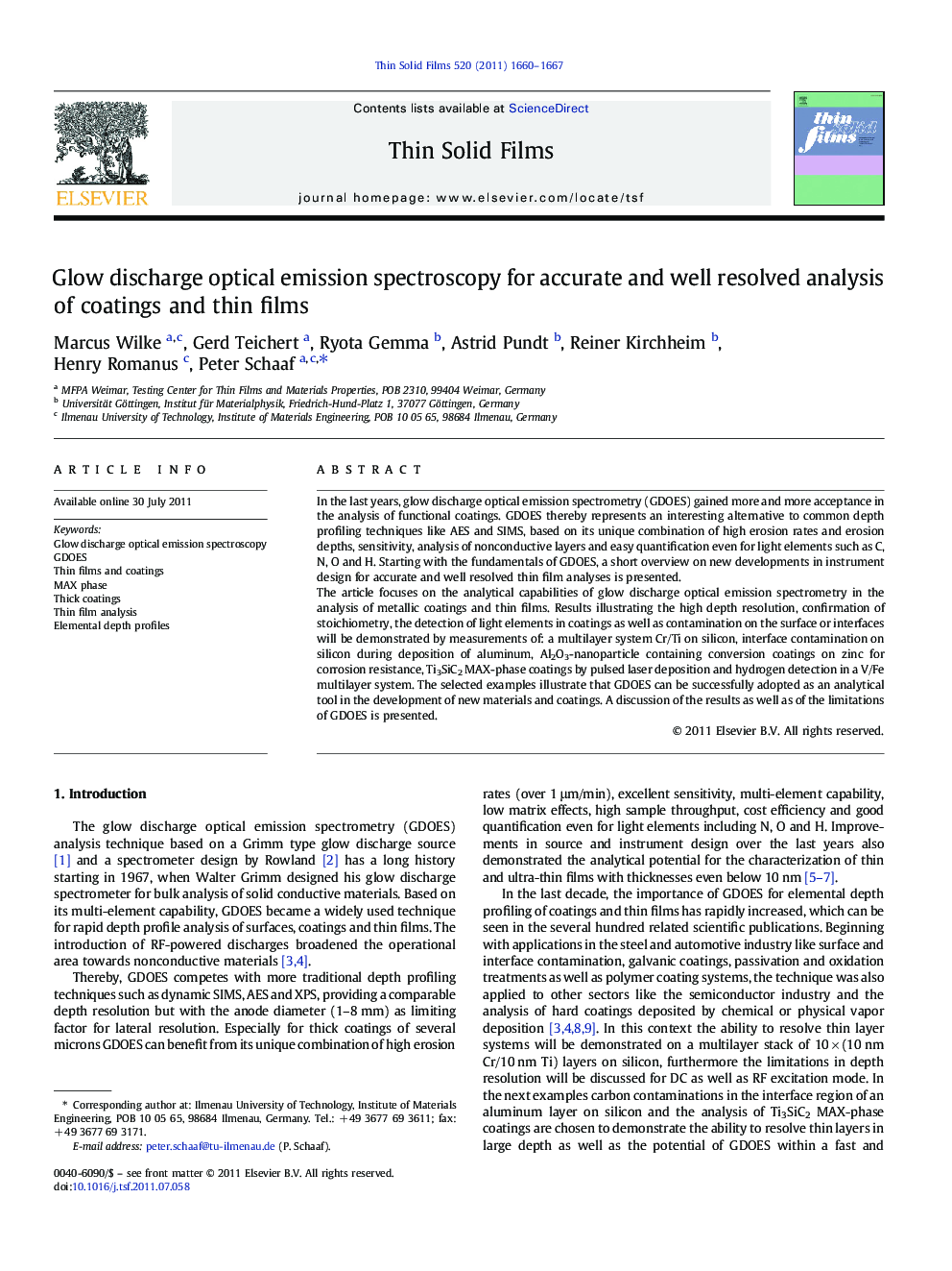 Glow discharge optical emission spectroscopy for accurate and well resolved analysis of coatings and thin films