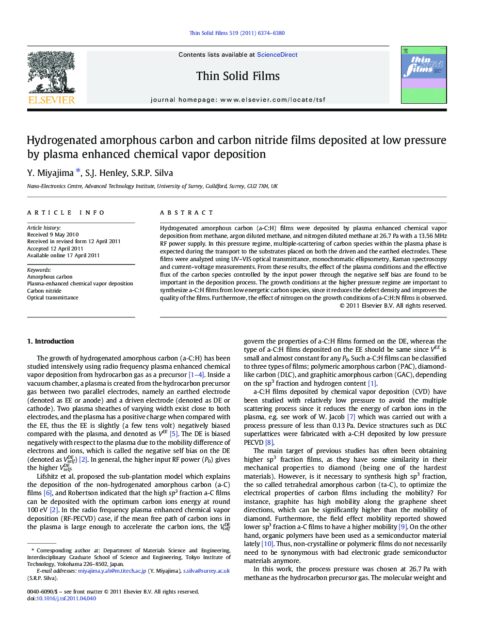 Hydrogenated amorphous carbon and carbon nitride films deposited at low pressure by plasma enhanced chemical vapor deposition