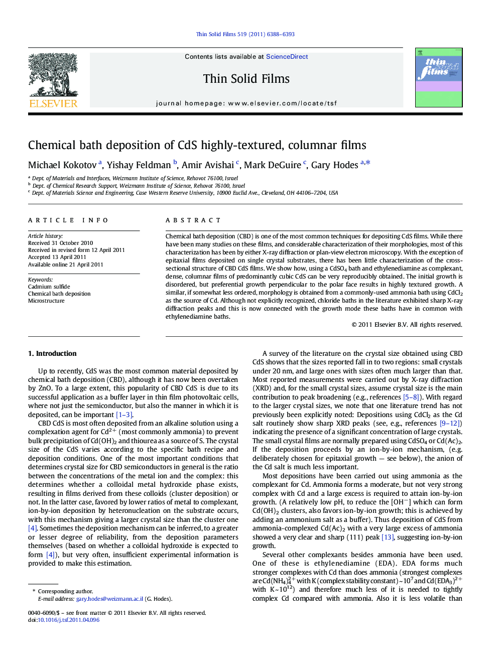 Chemical bath deposition of CdS highly-textured, columnar films