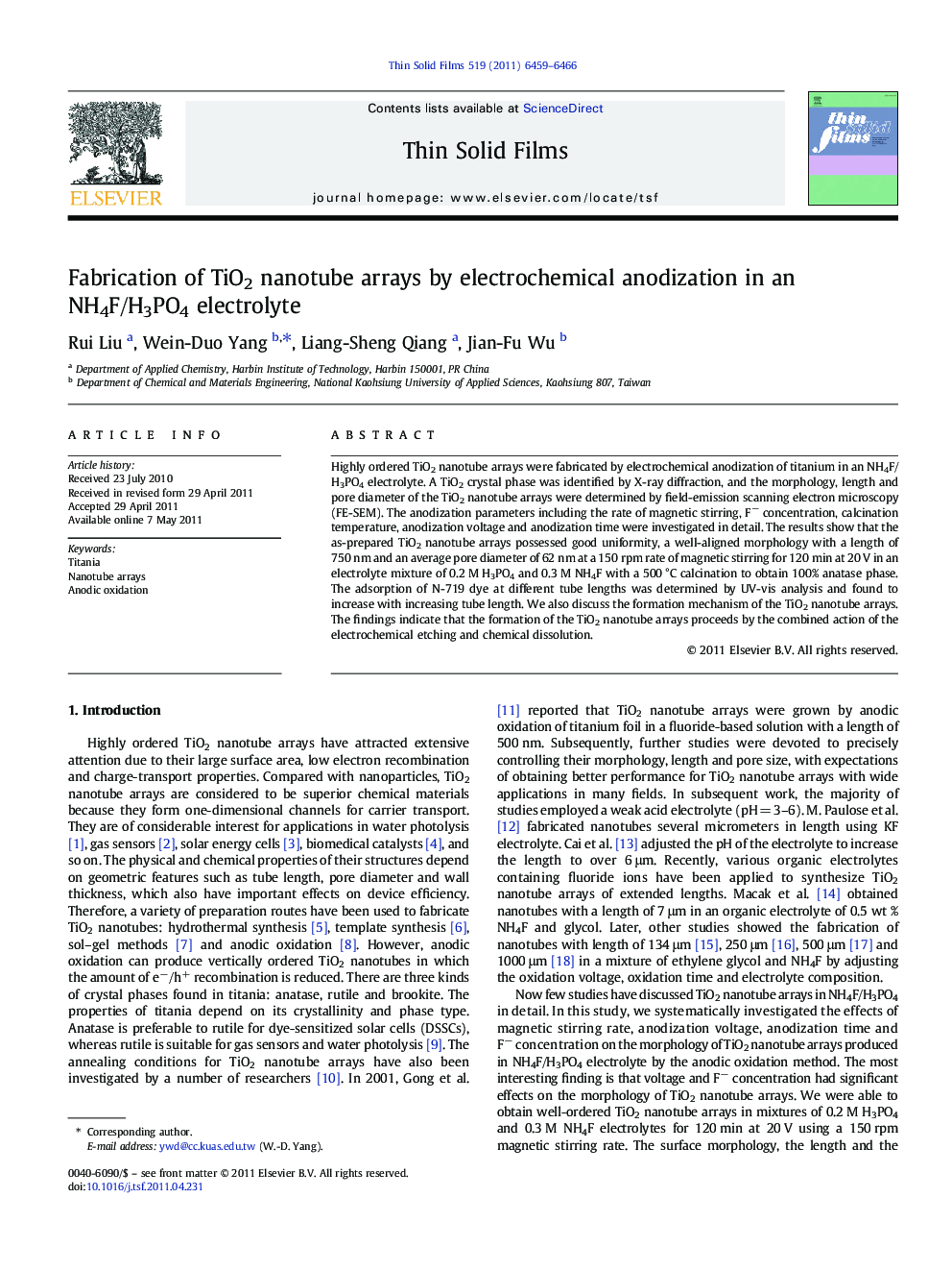 Fabrication of TiO2 nanotube arrays by electrochemical anodization in an NH4F/H3PO4 electrolyte