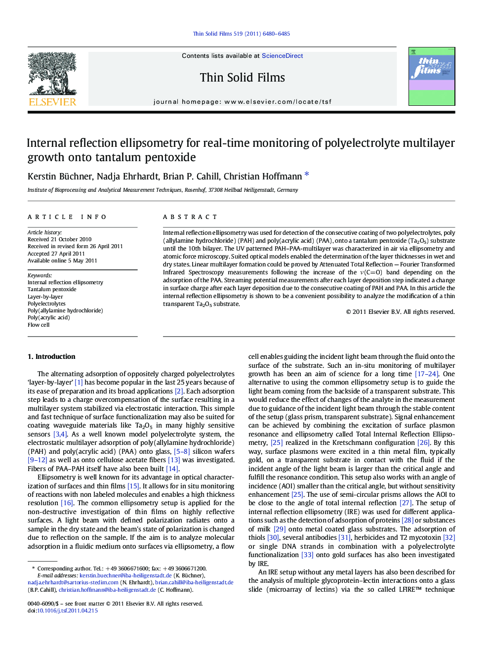 Internal reflection ellipsometry for real-time monitoring of polyelectrolyte multilayer growth onto tantalum pentoxide