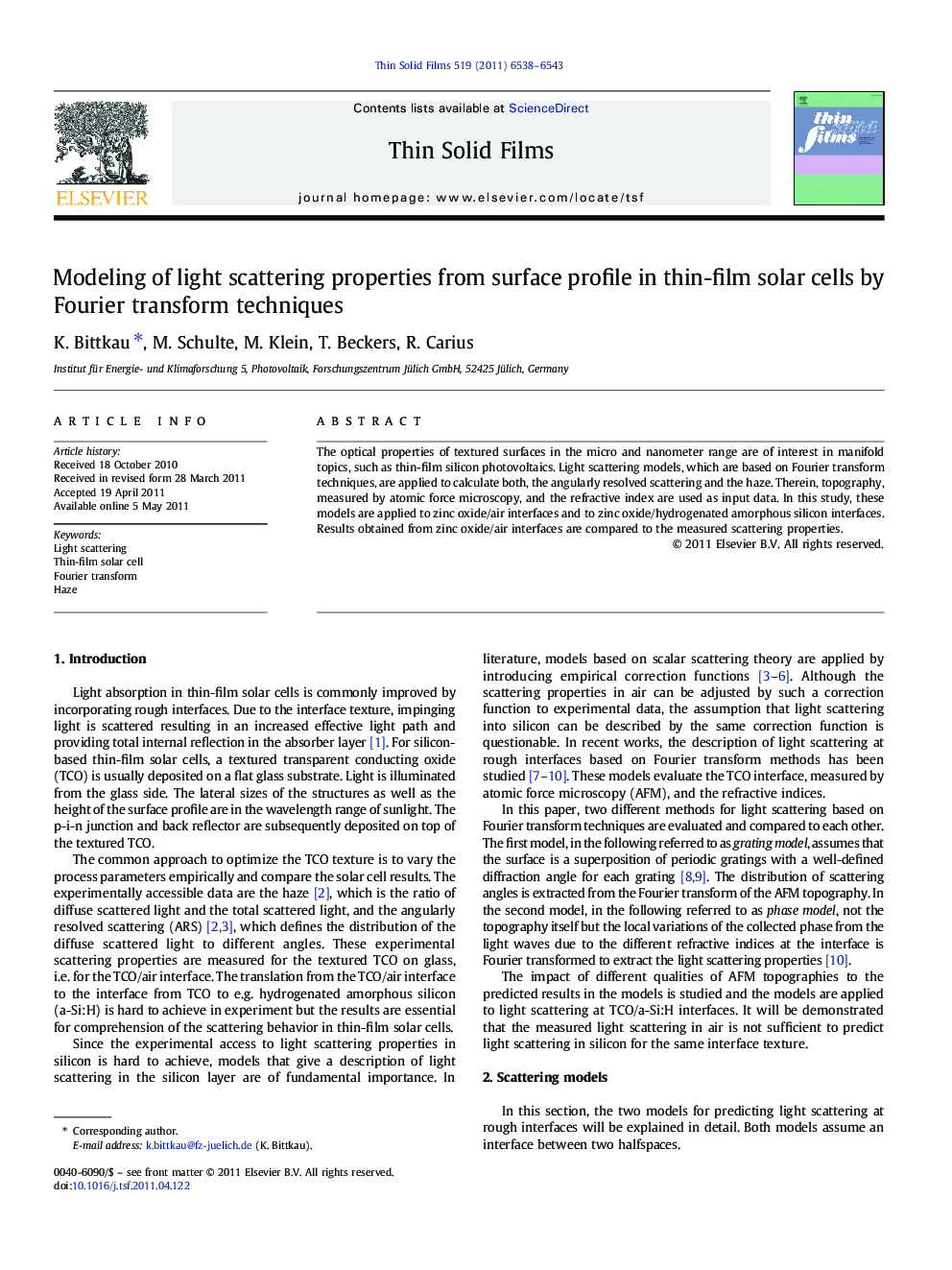 Modeling of light scattering properties from surface profile in thin-film solar cells by Fourier transform techniques