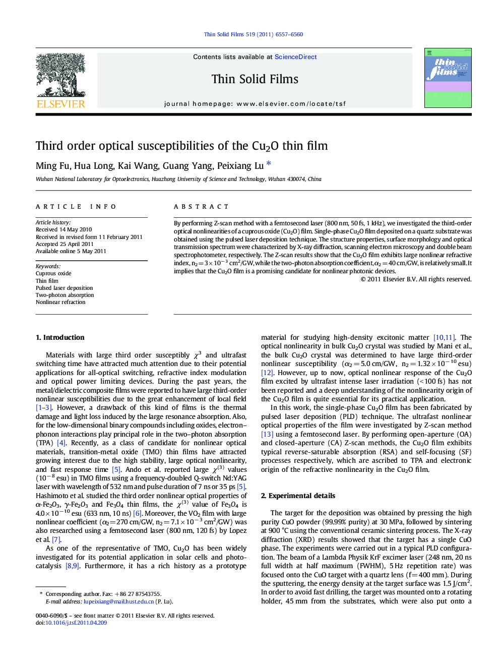 Third order optical susceptibilities of the Cu2O thin film