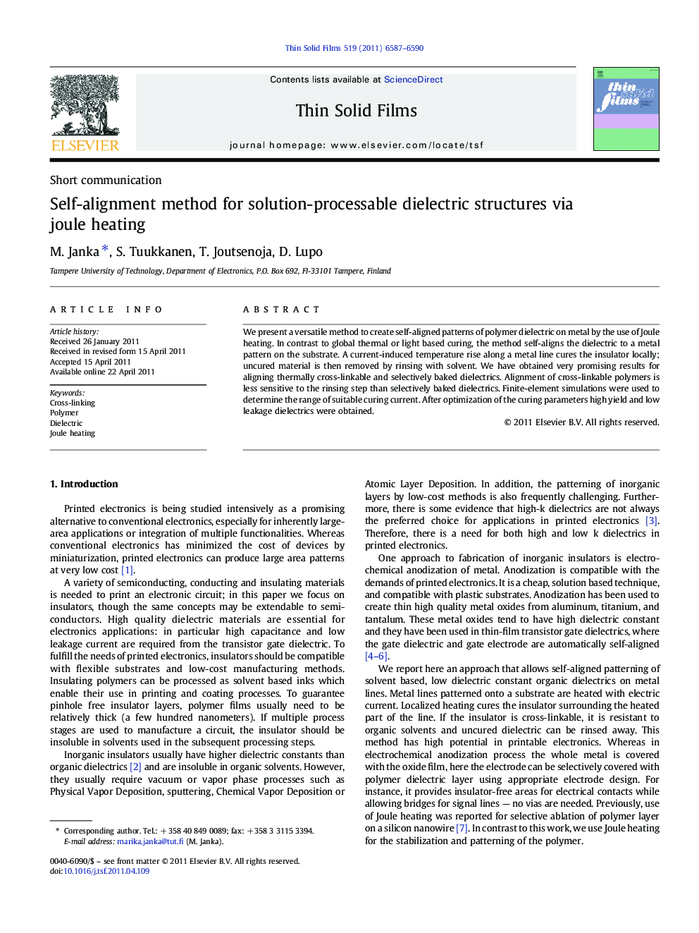 Self-alignment method for solution-processable dielectric structures via joule heating