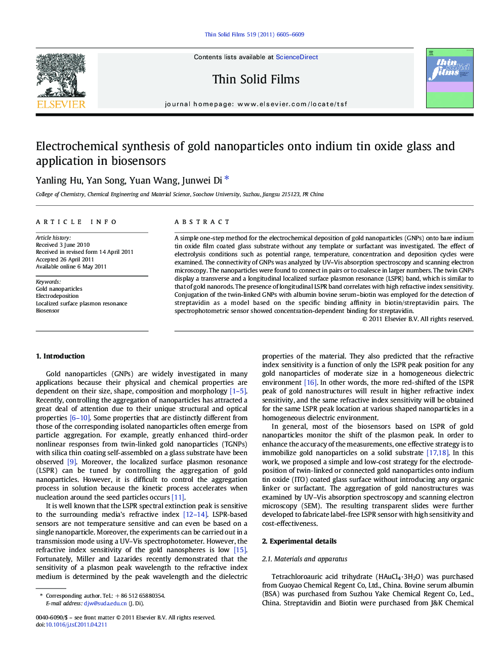 Electrochemical synthesis of gold nanoparticles onto indium tin oxide glass and application in biosensors