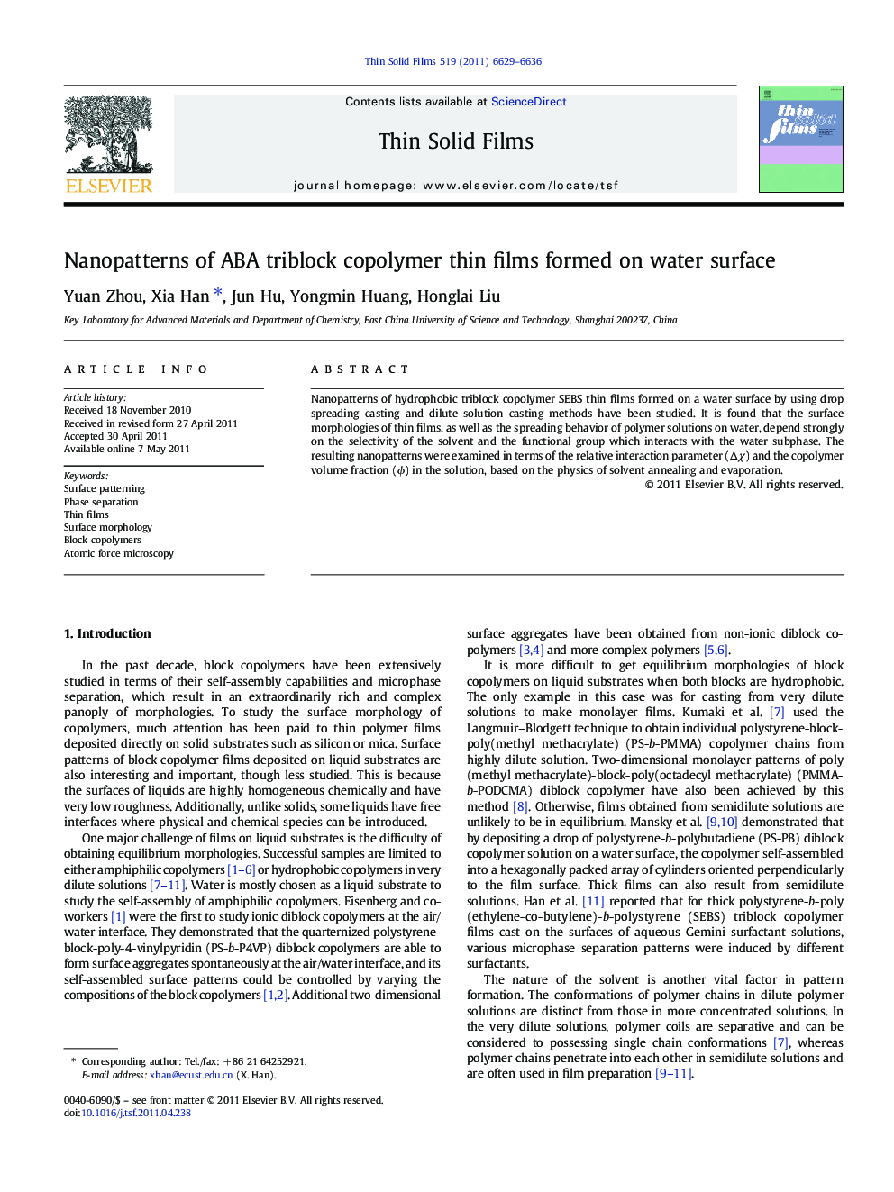 Nanopatterns of ABA triblock copolymer thin films formed on water surface