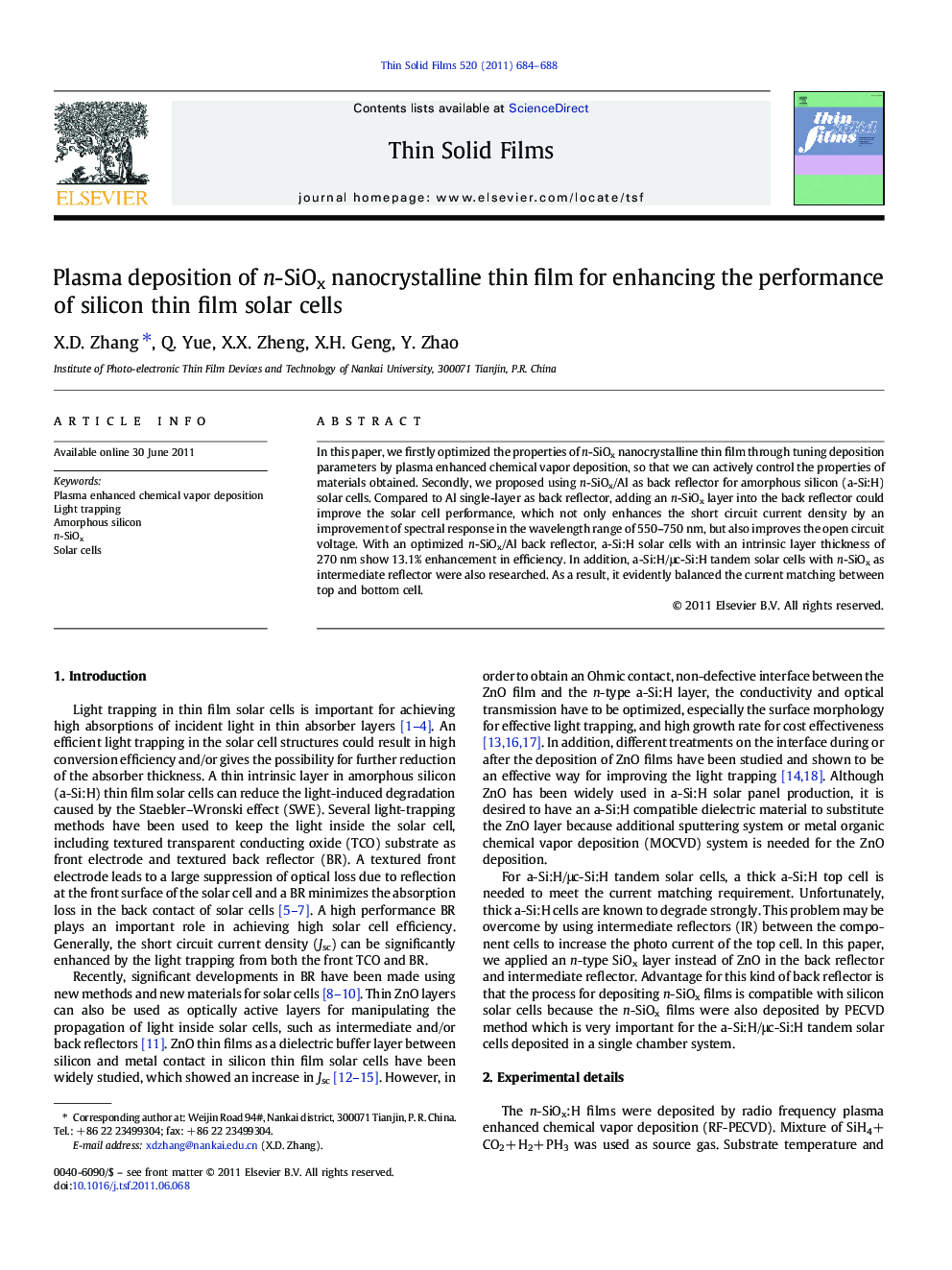 Plasma deposition of n-SiOx nanocrystalline thin film for enhancing the performance of silicon thin film solar cells