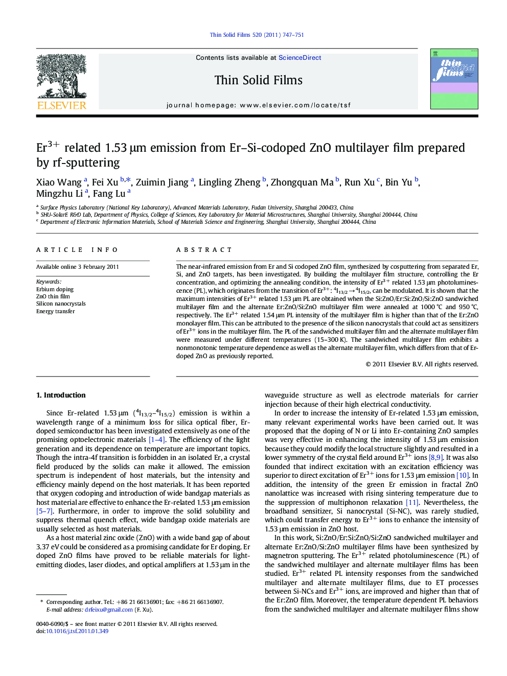 Er3+ related 1.53Â Î¼m emission from Er-Si-codoped ZnO multilayer film prepared by rf-sputtering