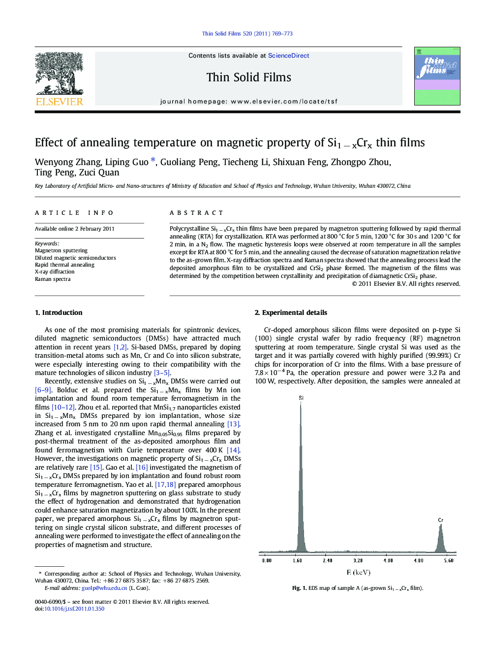 Effect of annealing temperature on magnetic property of Si1Â âÂ xCrx thin films