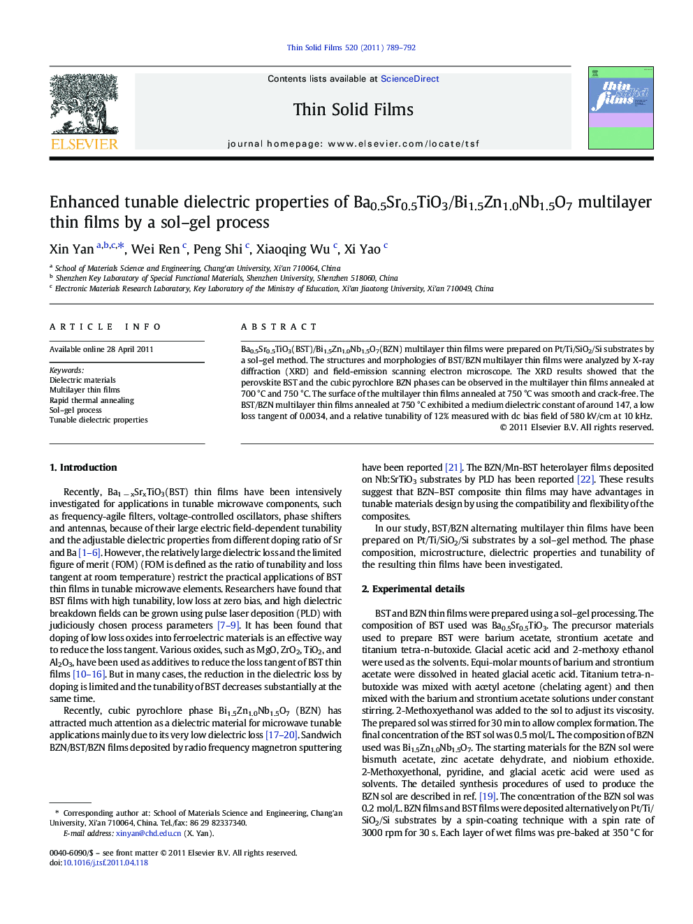 Enhanced tunable dielectric properties of Ba0.5Sr0.5TiO3/Bi1.5Zn1.0Nb1.5O7 multilayer thin films by a sol–gel process