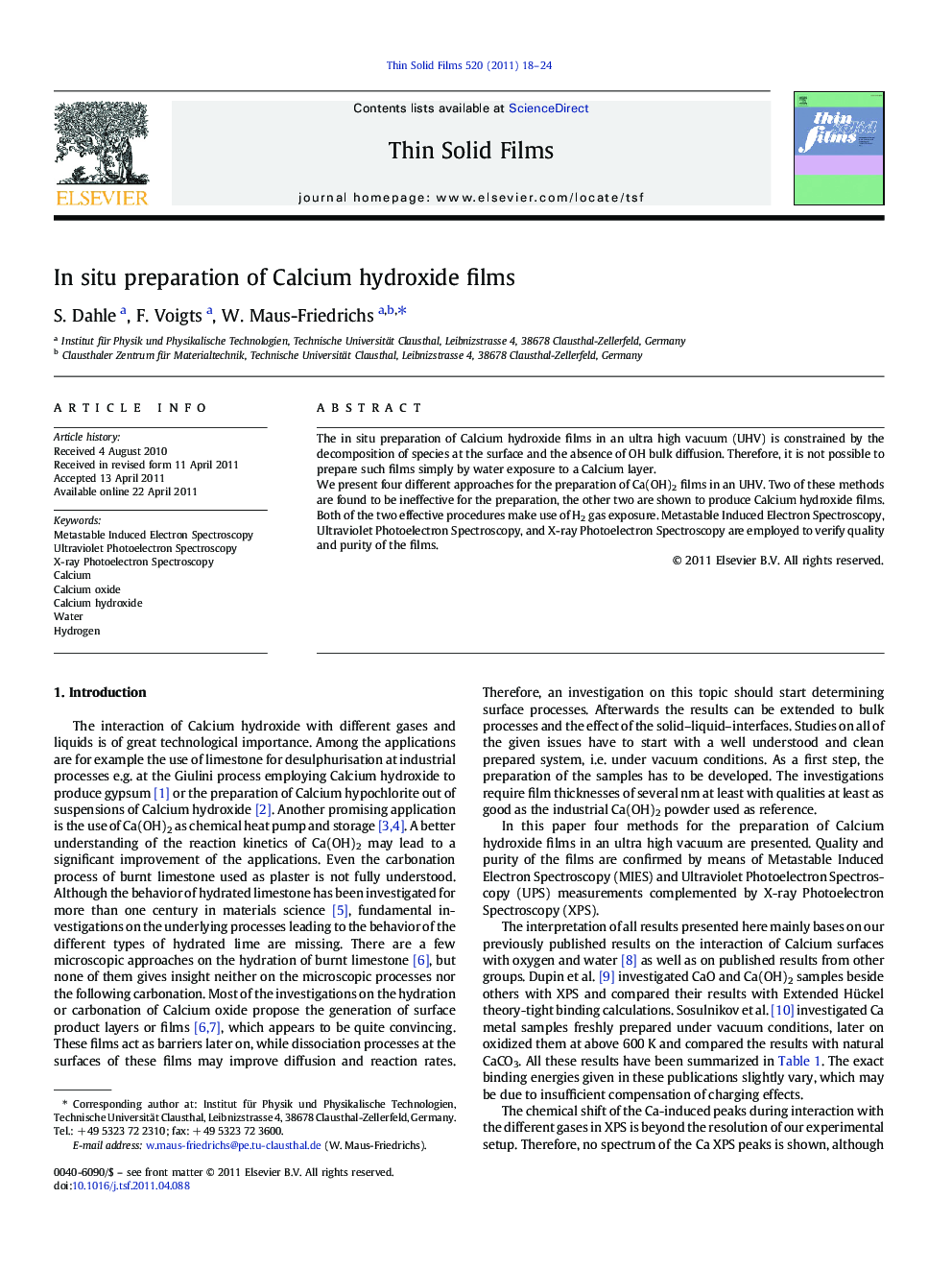 In situ preparation of Calcium hydroxide films