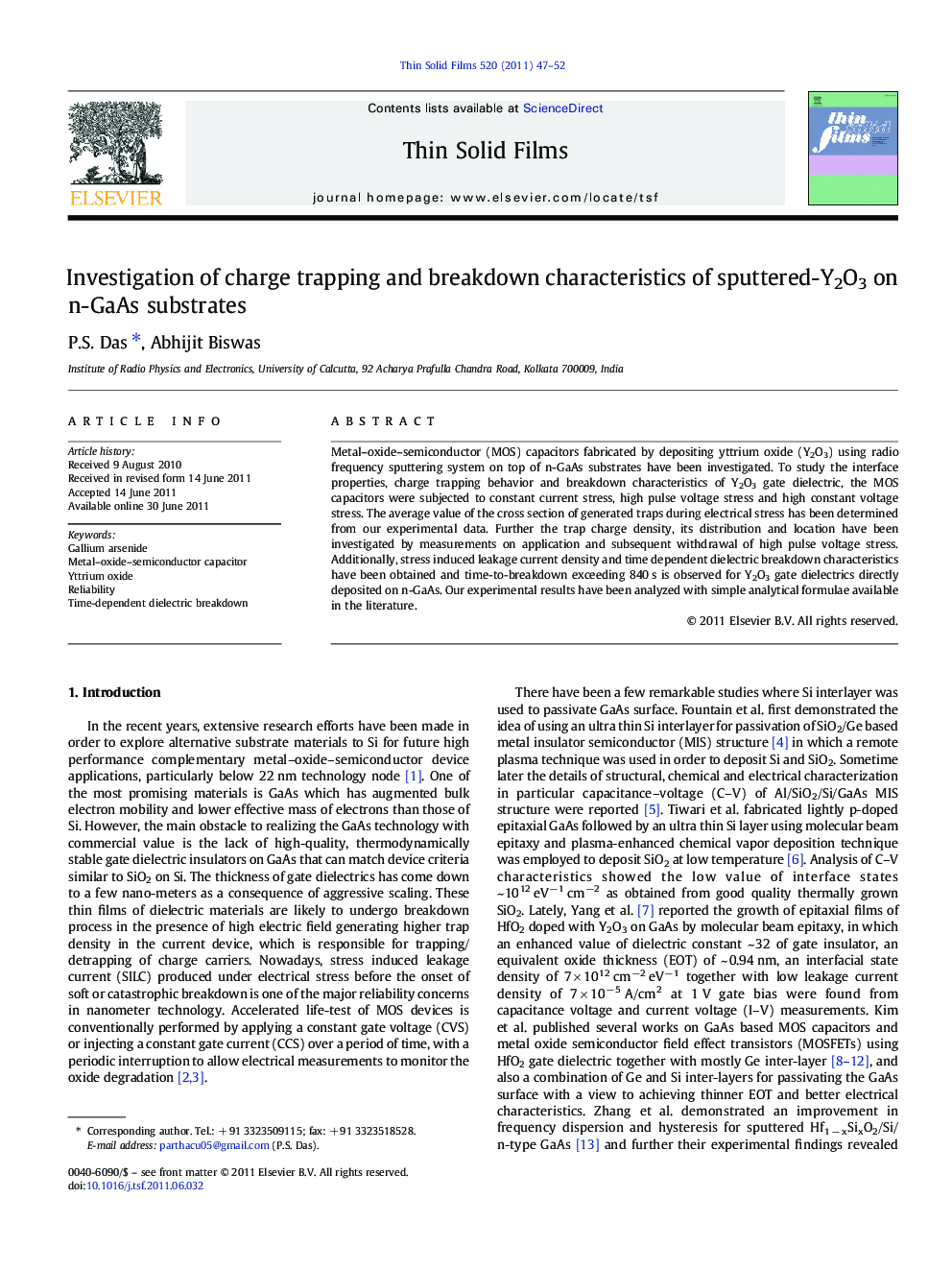 Investigation of charge trapping and breakdown characteristics of sputtered-Y2O3 on n-GaAs substrates