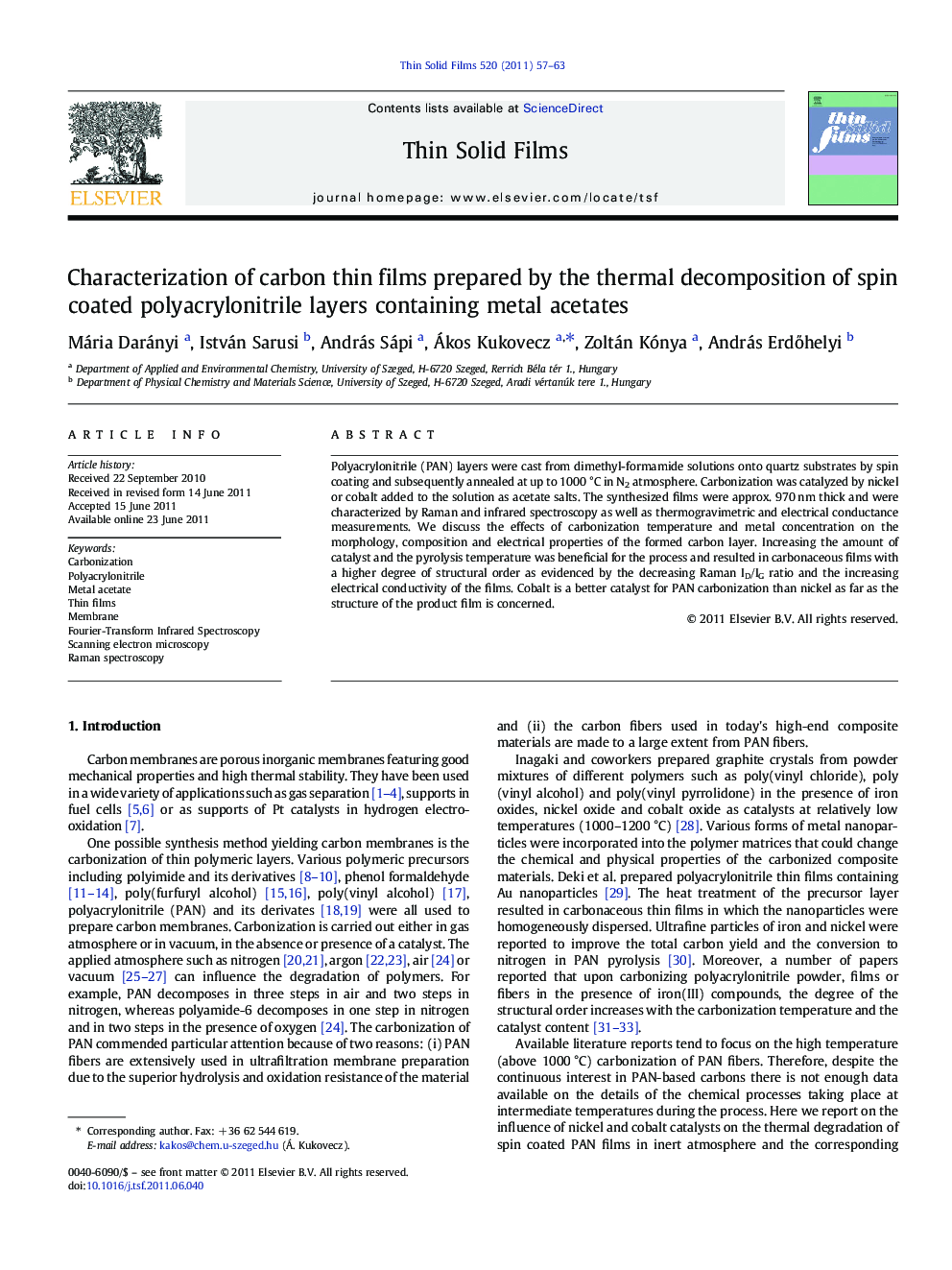 Characterization of carbon thin films prepared by the thermal decomposition of spin coated polyacrylonitrile layers containing metal acetates