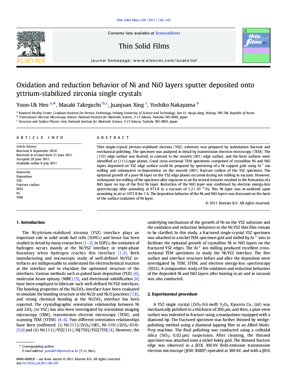 Oxidation and reduction behavior of Ni and NiO layers sputter deposited onto yttrium-stabilized zirconia single crystals