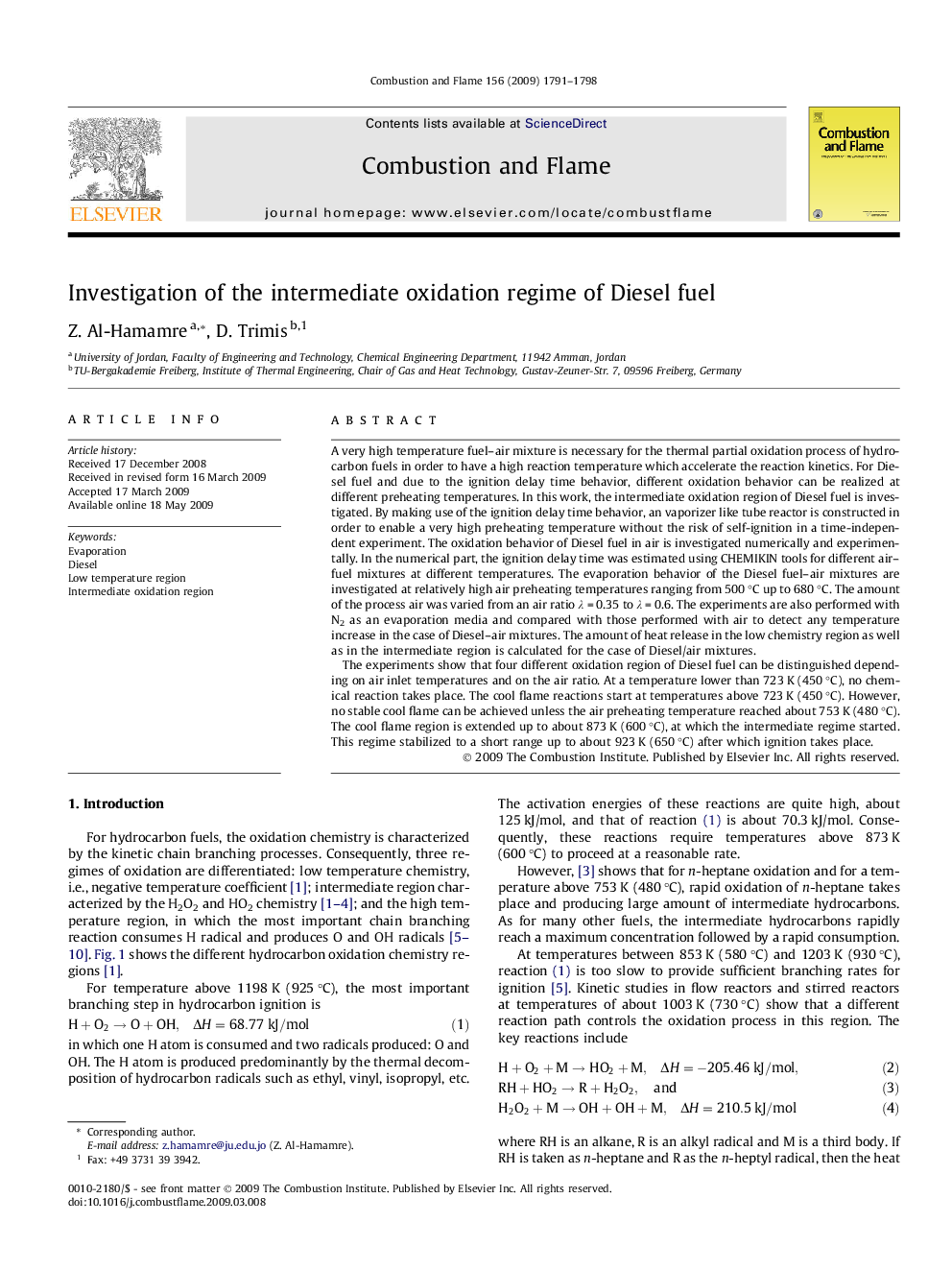 Investigation of the intermediate oxidation regime of Diesel fuel