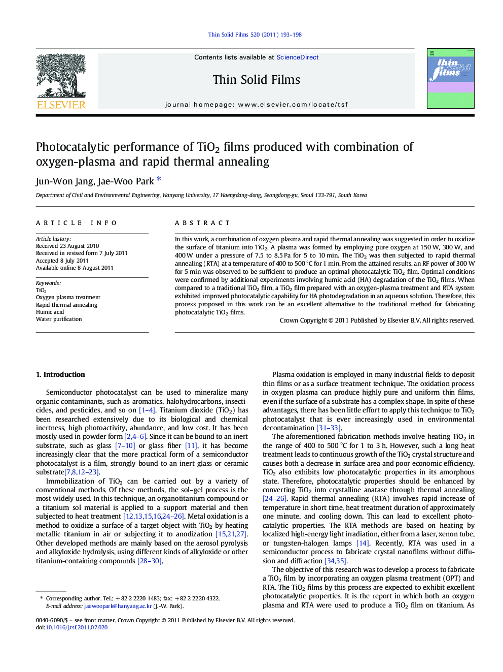 Photocatalytic performance of TiO2 films produced with combination of oxygen-plasma and rapid thermal annealing