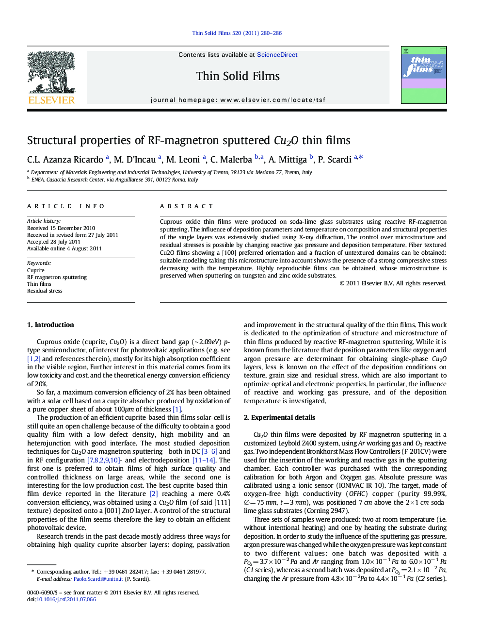 Structural properties of RF-magnetron sputtered Cu2O thin films