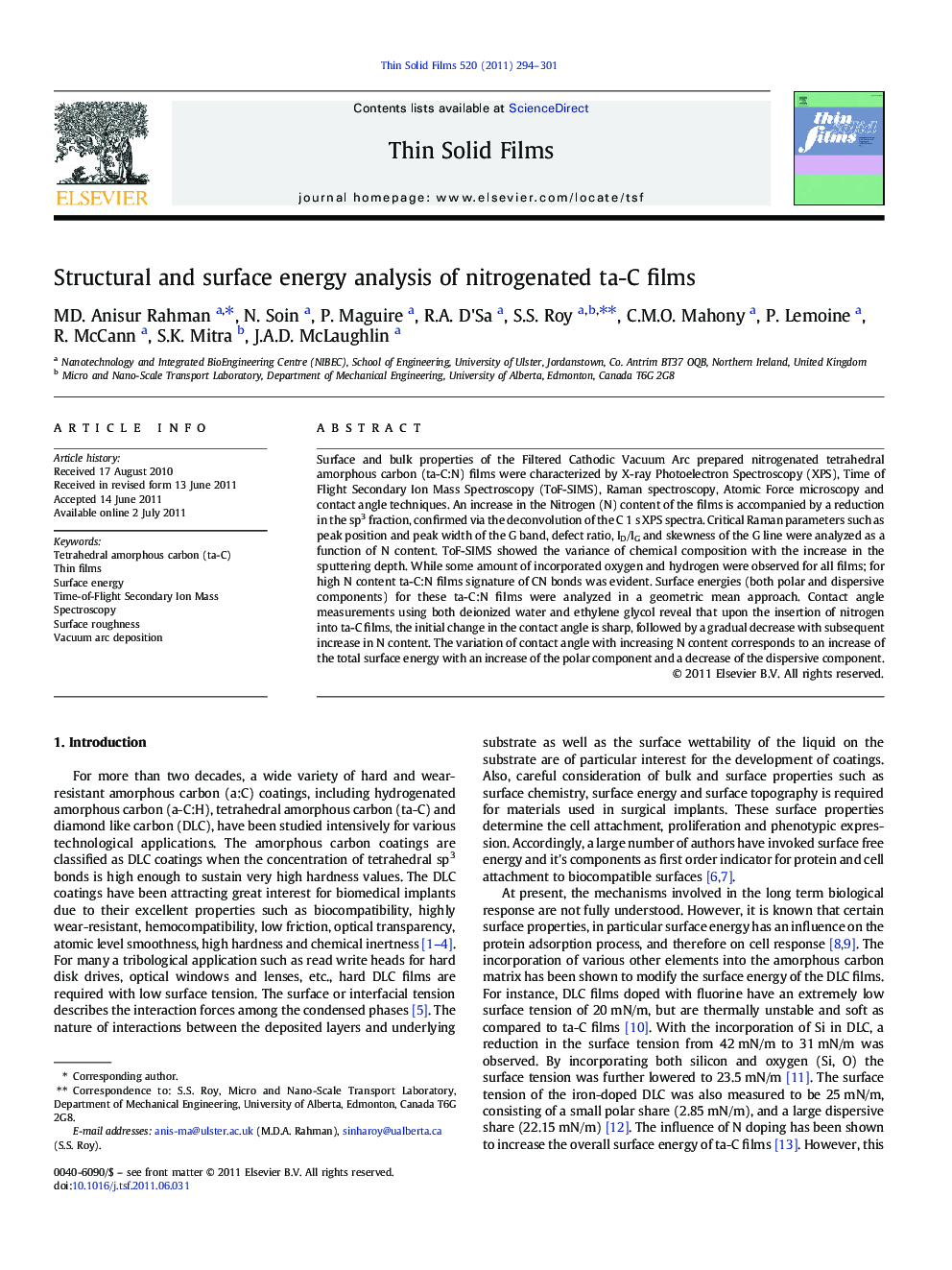 Structural and surface energy analysis of nitrogenated ta-C films