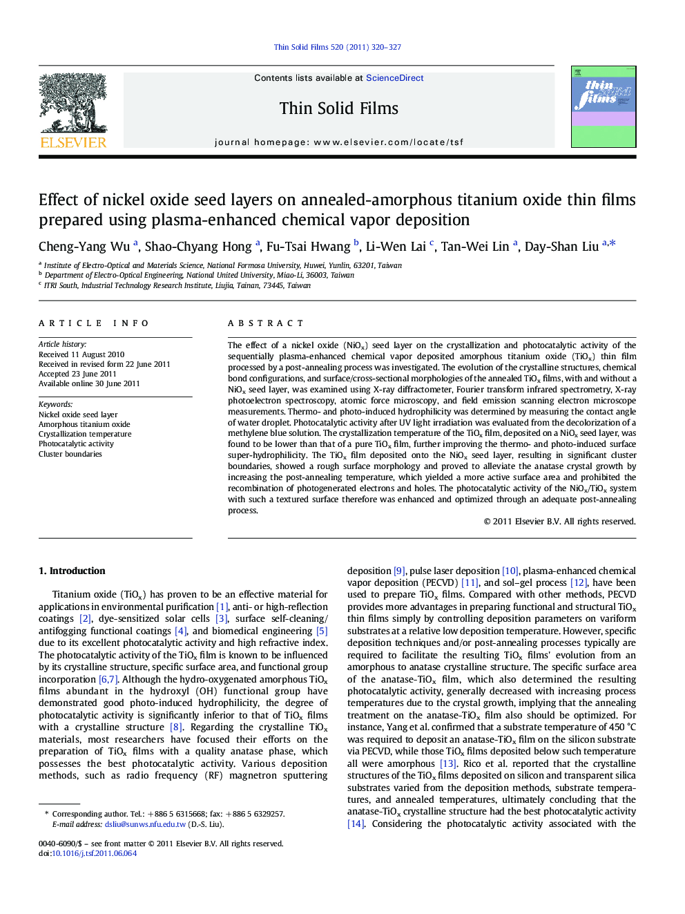 Effect of nickel oxide seed layers on annealed-amorphous titanium oxide thin films prepared using plasma-enhanced chemical vapor deposition