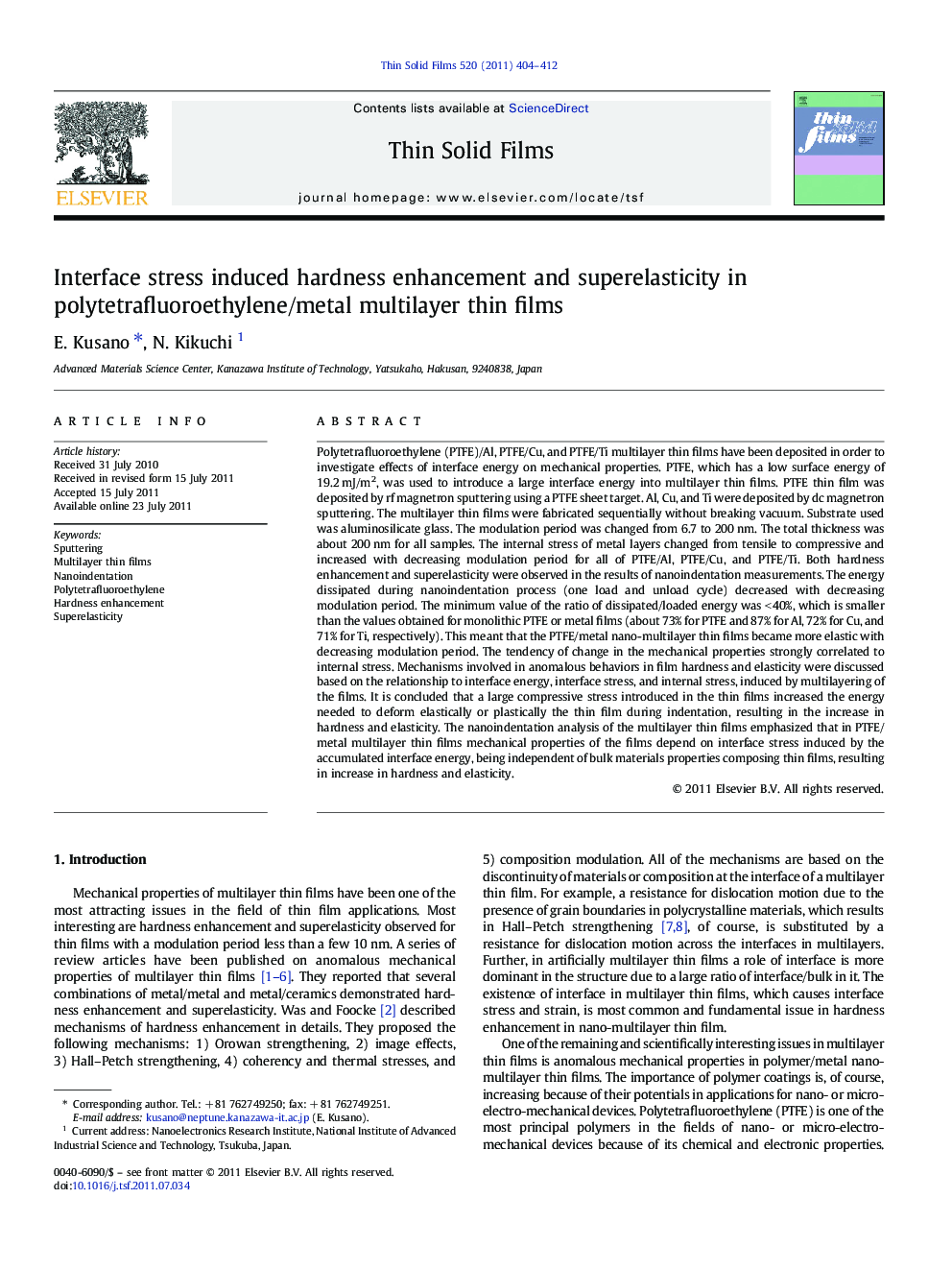 Interface stress induced hardness enhancement and superelasticity in polytetrafluoroethylene/metal multilayer thin films