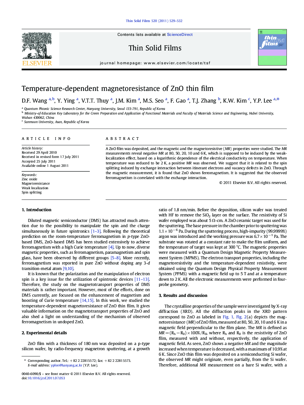 Temperature-dependent magnetoresistance of ZnO thin film