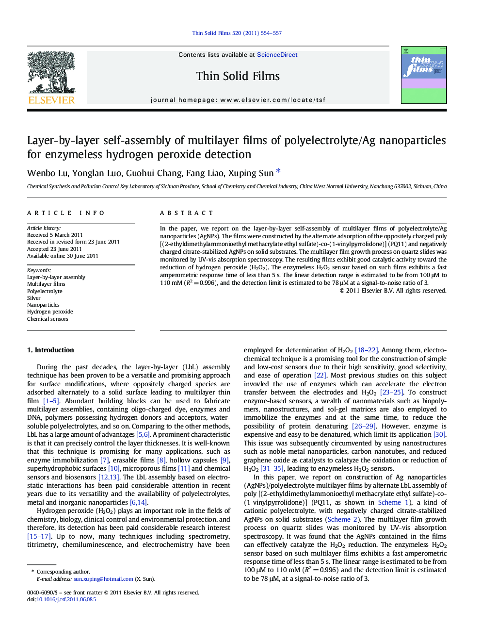 عکس صفحه اول مقاله: Layer-by-layer self-assembly of multilayer films of polyelectrolyte/Ag nanoparticles for enzymeless hydrogen peroxide detection Layer-by-layer self-assembly of multilayer films of polyelectrolyte/Ag nanoparticles for enzymeless hydrogen peroxide detection