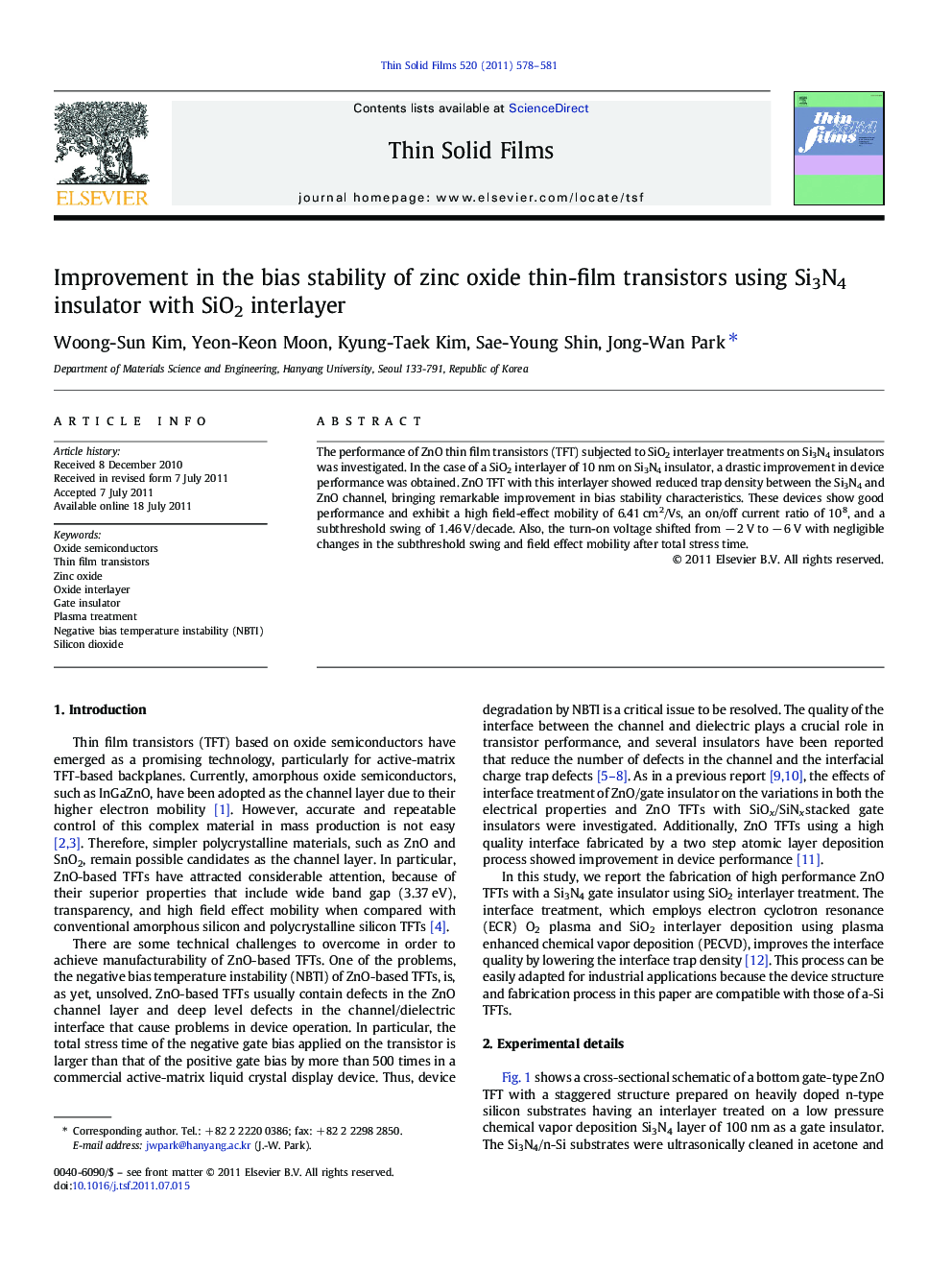 Improvement in the bias stability of zinc oxide thin-film transistors using Si3N4 insulator with SiO2 interlayer