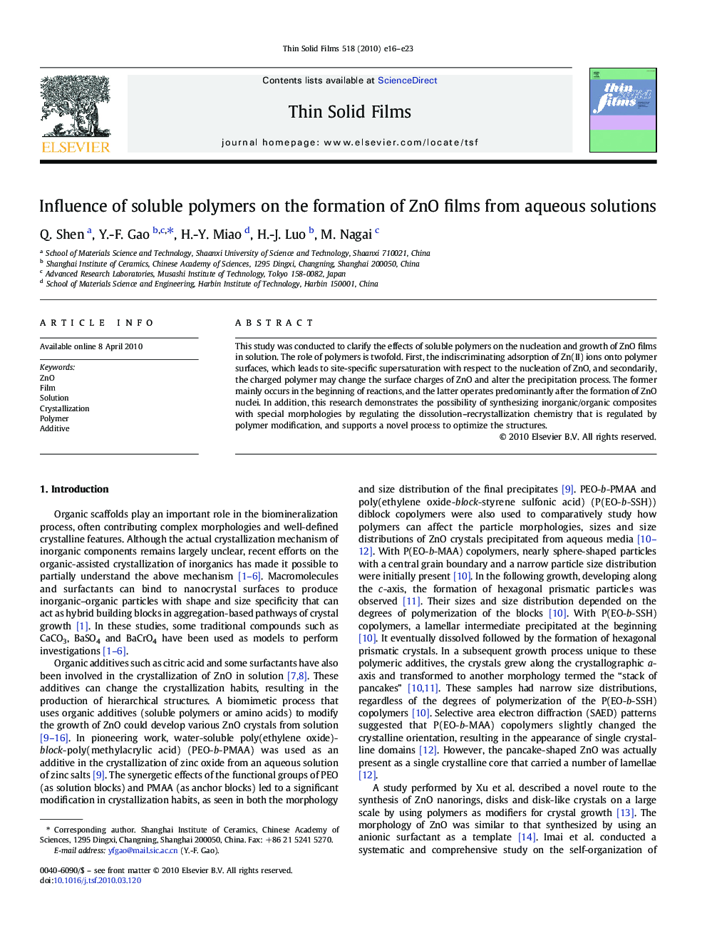 Influence of soluble polymers on the formation of ZnO films from aqueous solutions