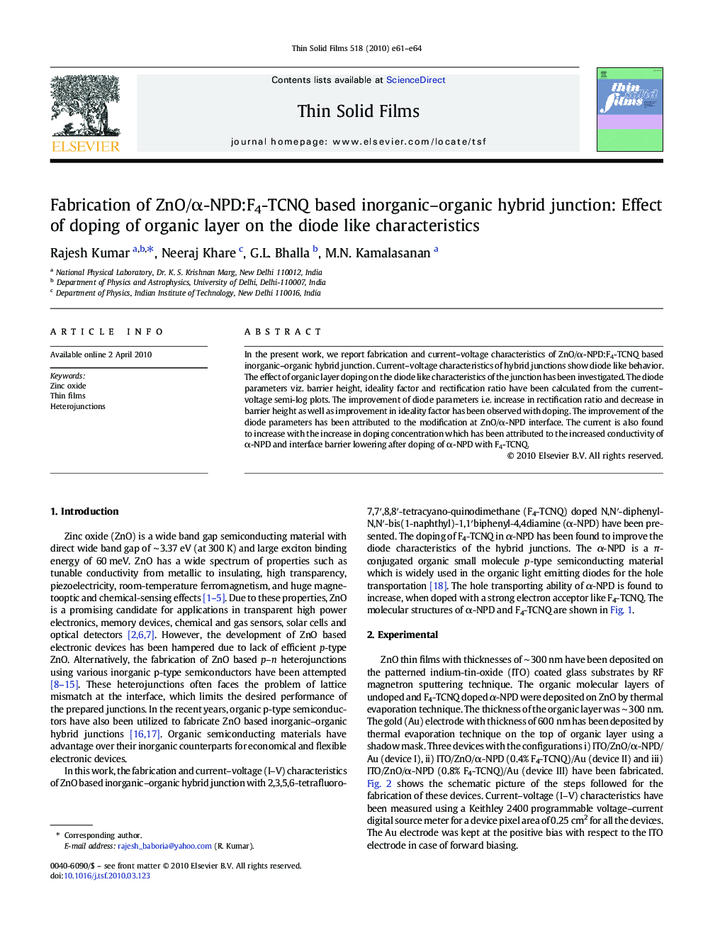 عکس صفحه اول مقاله: Fabrication of ZnO/α-NPD:F4-TCNQ based inorganic-organic hybrid junction: Effect of doping of organic layer on the diode like characteristics Fabrication of ZnO/α-NPD:F4-TCNQ based inorganic-organic hybrid junction: Effect of doping of organic layer on the diode like characteristics
