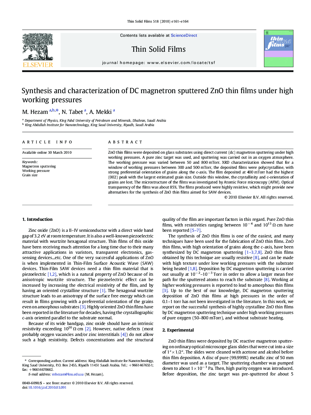 Synthesis and characterization of DC magnetron sputtered ZnO thin films under high working pressures