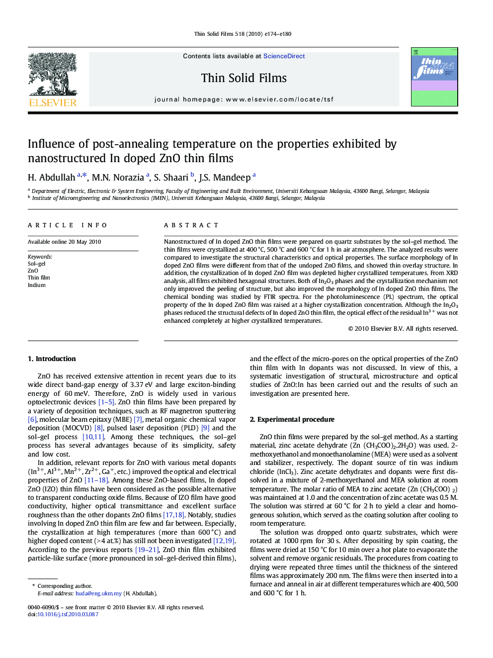 Influence of post-annealing temperature on the properties exhibited by nanostructured In doped ZnO thin films