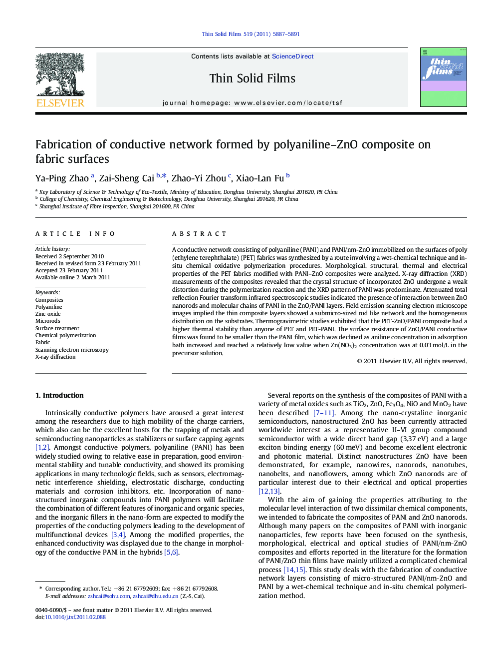 Fabrication of conductive network formed by polyaniline–ZnO composite on fabric surfaces