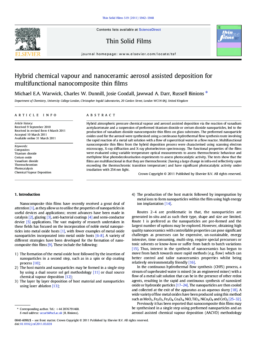 عکس صفحه اول مقاله: Hybrid chemical vapour and nanoceramic aerosol assisted deposition for multifunctional nanocomposite thin films Hybrid chemical vapour and nanoceramic aerosol assisted deposition for multifunctional nanocomposite thin films