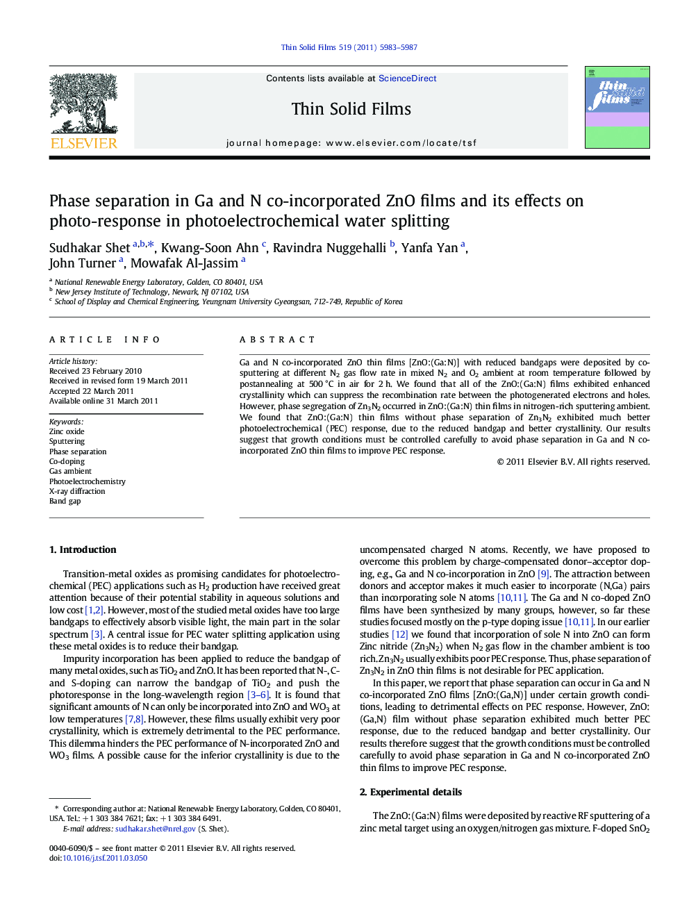 Phase separation in Ga and N co-incorporated ZnO films and its effects on photo-response in photoelectrochemical water splitting