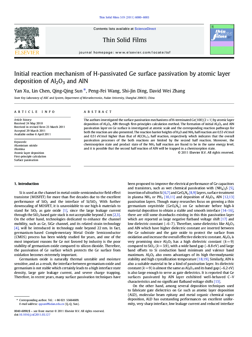 Initial reaction mechanism of H-passivated Ge surface passivation by atomic layer deposition of Al2O3 and AlN