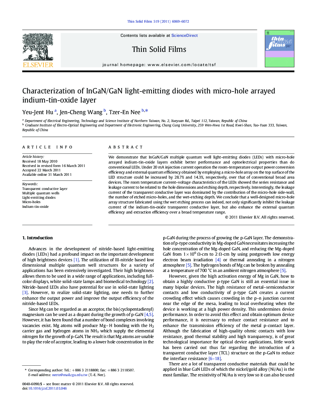 عکس صفحه اول مقاله: Characterization of InGaN/GaN light-emitting diodes with micro-hole arrayed indium-tin-oxide layer Characterization of InGaN/GaN light-emitting diodes with micro-hole arrayed indium-tin-oxide layer
