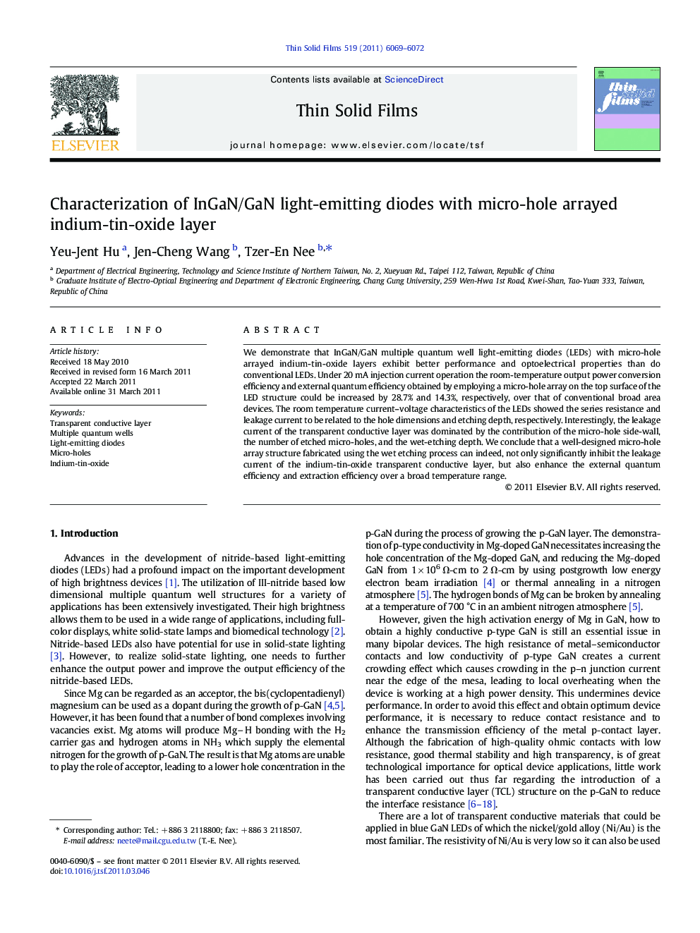 Characterization of InGaN/GaN light-emitting diodes with micro-hole arrayed indium-tin-oxide layer