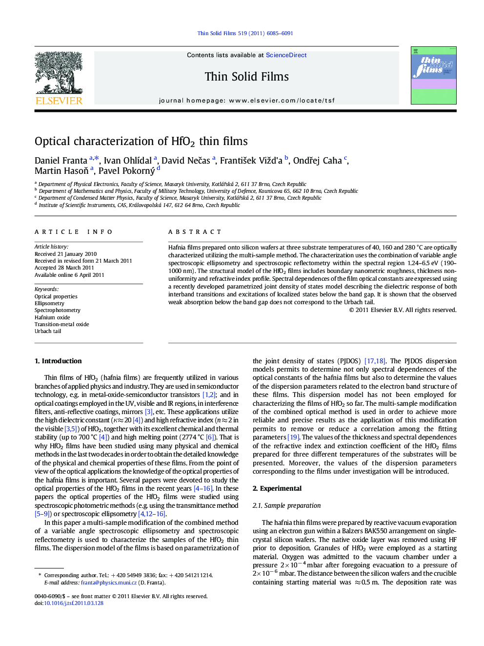 Optical characterization of HfO2 thin films