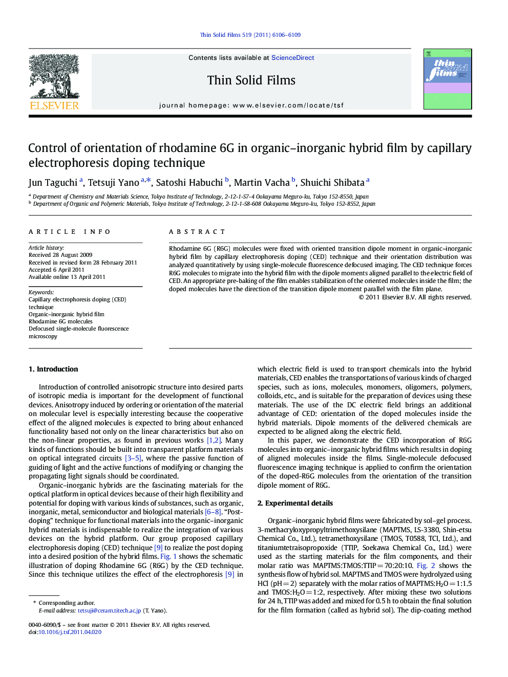 Control of orientation of rhodamine 6G in organic–inorganic hybrid film by capillary electrophoresis doping technique